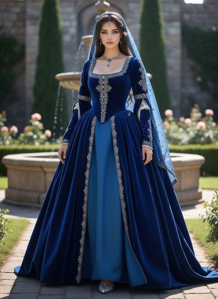 Medieval Renaissance Dress Women - Gaun Pesta Biru Renaisans Kerajaan Tudor